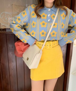 Pull vintage pour femme - Fleurs jaunes