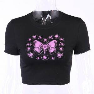 Crop top style gothique - Papillon rose