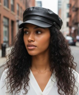 casquette en simili cuir noire portée par une jeune femme en gros plan, qui se trouve dans la rue